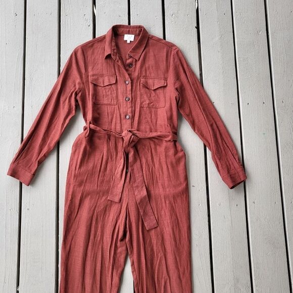 Six Crisp Days Rust 3/4 Sleeve Button Down Belted Linen Blend Doma Jumpsuit Sz M - Picture 4 of 10
